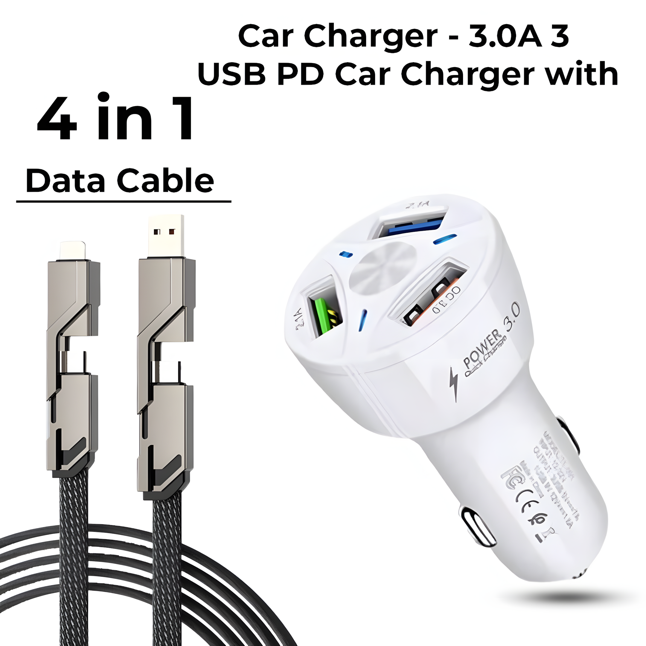 3.0A USB PD Car Charger with 4 in 1 Fast Charging Cable